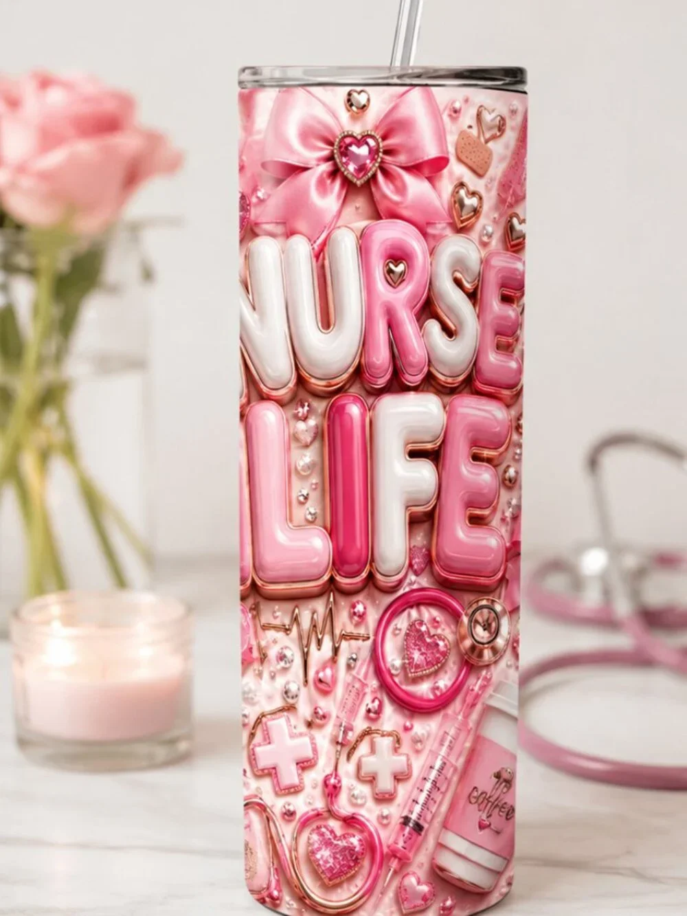 Pink Nurse 20oz Tumbler, Skinny Nurse Gift, RN Tumbler, Medical Worker Cup